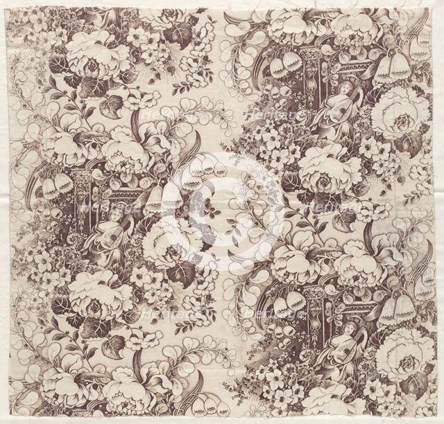 Roller-Printed Cotton with Design of Woman Playing a Lute, early 1800s. Creator: Unknown.