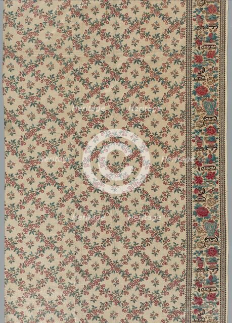 Roller-Printed Glazed Chintz with Flower and Vase Design, 1800s. Creator: Unknown.