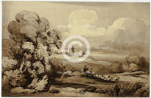 Rolling Hills with Windmill and Sheep, n.d. Creator: James Robertson.