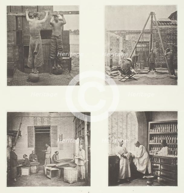 Rolling Scented Caper and Gunpowder Teas; Weighing Tea for Exportation; A Tea House..., c. 1868. Creator: John Thomson.