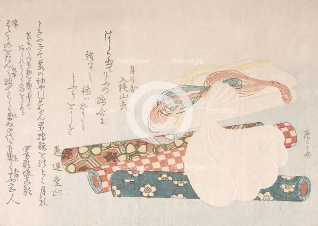 Rolls of Cloth, Cotton and Yarn, 19th century., 19th century. Creator: Shinsai.