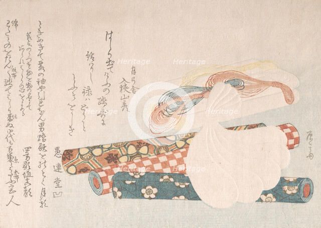 Rolls of Cloth, Cotton and Yarn, 19th century., 19th century. Creator: Shinsai.