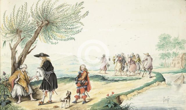 Roma woman reading a gentleman's hand (Moses?), 1674. Creator: Gesina ter Borch.