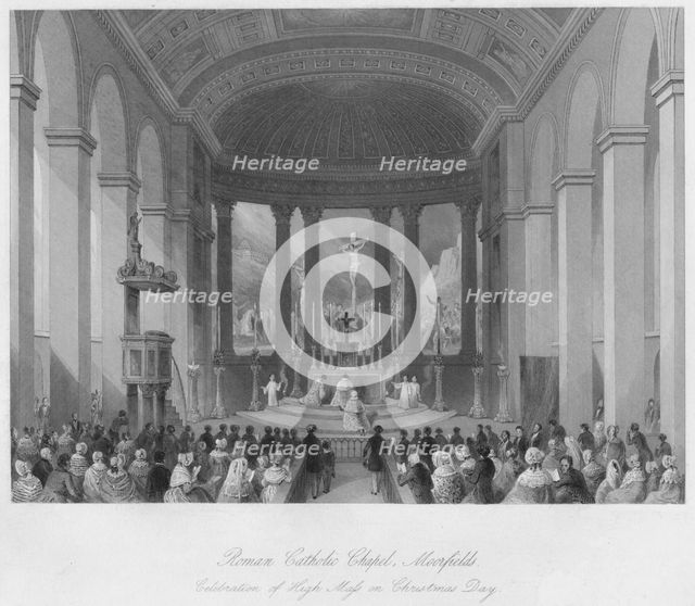 'Roman Catholic Chapel, Moorfields. Celebration of High Mass on Christmas Day', c1841. Artist: Henry Melville.