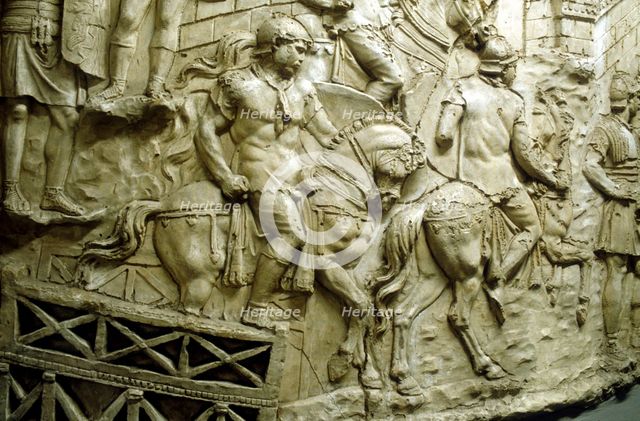 Roman cavalry crossing a wooden bridge, from Trajan's column, Rome, 106-113. Artist: Unknown
