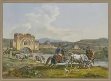 Roman Campagnoli on horseback capture a bull with dogs, 1829. Creator: Johann Adam Klein