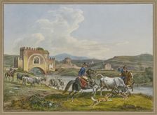 Roman Campagnoli on horseback capture a bull with dogs, 1829. Creator: Johann Adam Klein
