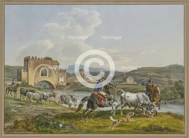 Roman Campagnoli on horseback capture a bull with dogs, 1829. Creator: Johann Adam Klein.