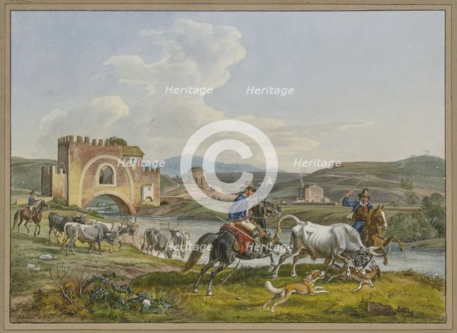 Roman Campagnoli on horseback capture a bull with dogs, 1829. Creator: Johann Adam Klein.