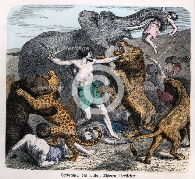 Roman circus, criminals condemned to death are thrown into the arena to fight wild beasts, engrav…