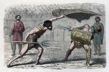 Roman circus, gladiators fighting in the arena, engraving 1866