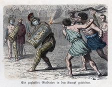 Roman circus, the cowardly gladiator is egged on to fight, engraving, 1866