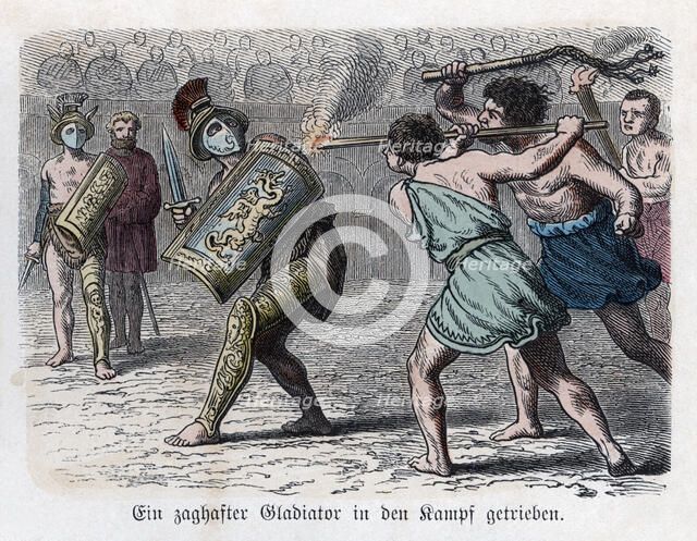 Roman circus, the cowardly gladiator is egged on to fight, engraving, 1866.