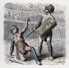 Roman circus, wounded gladiator asking for the grace of living, engraving, 1866