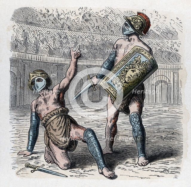 Roman circus, wounded gladiator asking for the grace of living, engraving, 1866.