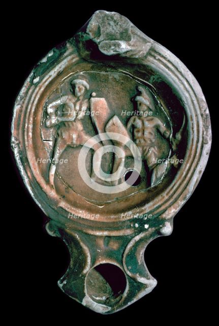 Roman clay lamp decorated with gladiators, 3rd century. Artist: Unknown