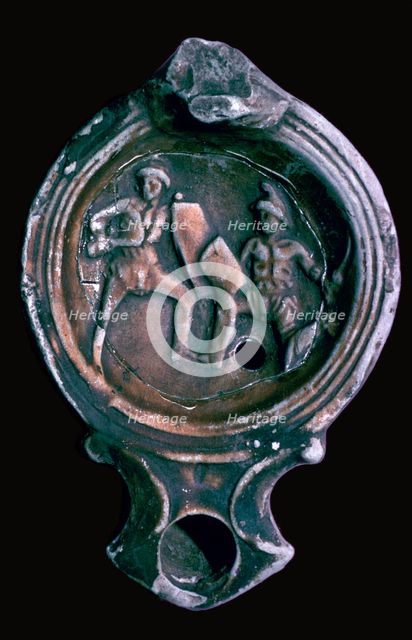 Roman clay lamp with design of gladiators, 3rd century. Artist: Unknown