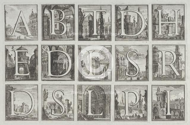 Roman alphabet against architectural backgrounds, from G. P. Zanotti's Il Claustro di San ..., 1776. Creator: Pio Panfili.