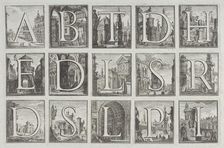 Roman alphabet against architectural backgrounds, from G. P. Zanotti's Il Claustro di San ..., 1776. Creator: Pio Panfili