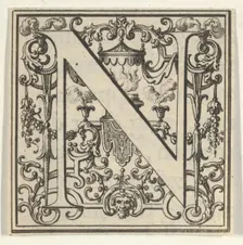 Roman Alphabet letter N with Louis XIV decoration, 18th century. Creator: Bernard Picart