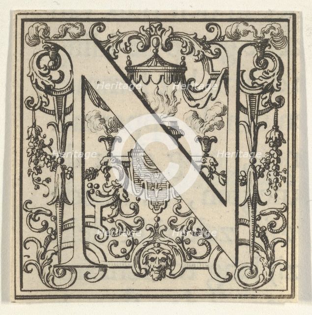 Roman Alphabet letter N with Louis XIV decoration, 18th century. Creator: Bernard Picart.