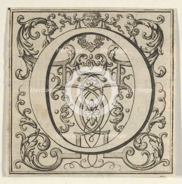 Roman Alphabet letter O with Louis XIV decoration, 18th century. Creator: Bernard Picart.