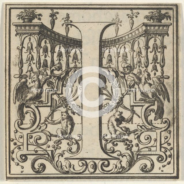 Roman Alphabet letter I with Louis XIV decoration, 18th century. Creator: Bernard Picart.