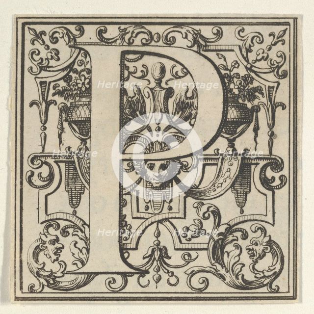 Roman Alphabet letter P with Louis XIV decoration, 18th century. Creator: Bernard Picart.