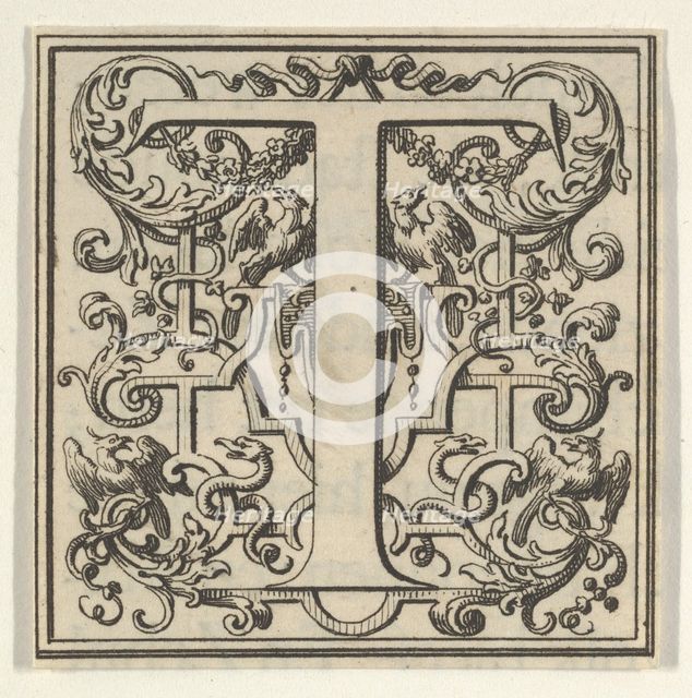 Roman Alphabet letter T with Louis XIV decoration, 18th century. Creator: Bernard Picart.