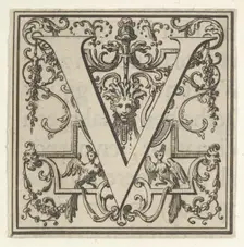 Roman Alphabet letter V with Louis XIV decoration, 18th century. Creator: Bernard Picart