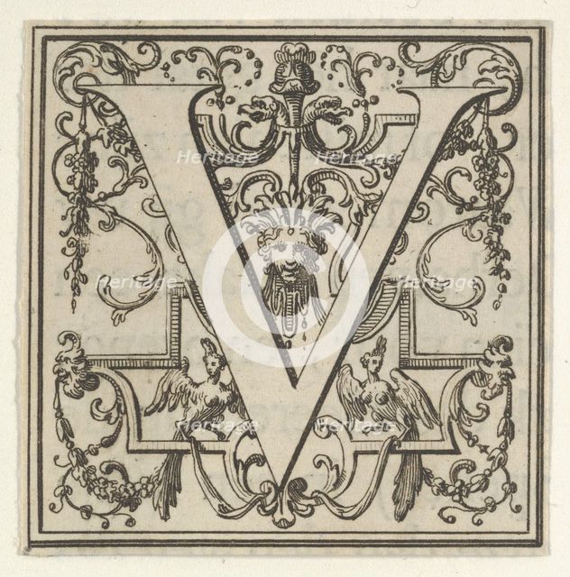 Roman Alphabet letter V with Louis XIV decoration, 18th century. Creator: Bernard Picart.