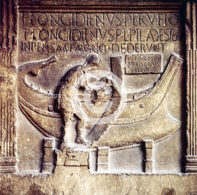 Roman Boat-Builder at work, on stele of Publius Longidienus, c2nd century.  Artist: Unknown.