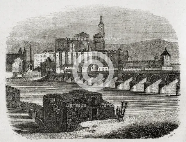 Roman Bridge over the Guadalquivir river, also called the Old Bridge, Cordoba, Spain, 1852. Creator: Ildefonso Cibera.