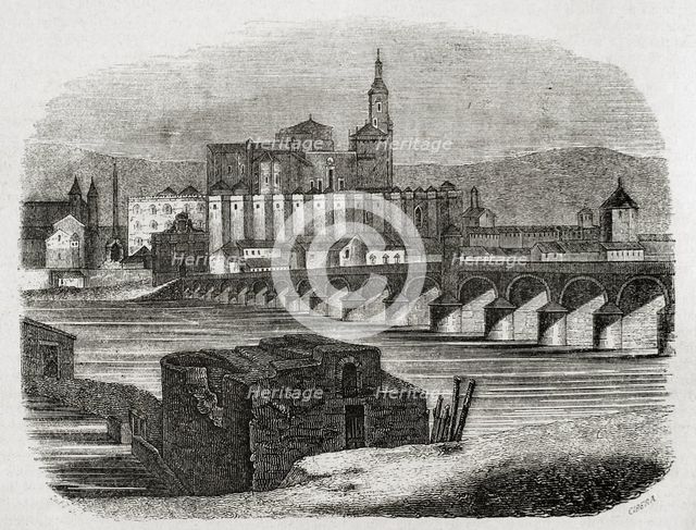 Roman Bridge over the Guadalquivir river, also called the Old Bridge, Cordoba, Spain, 1852. Creator: Ildefonso Cibera.