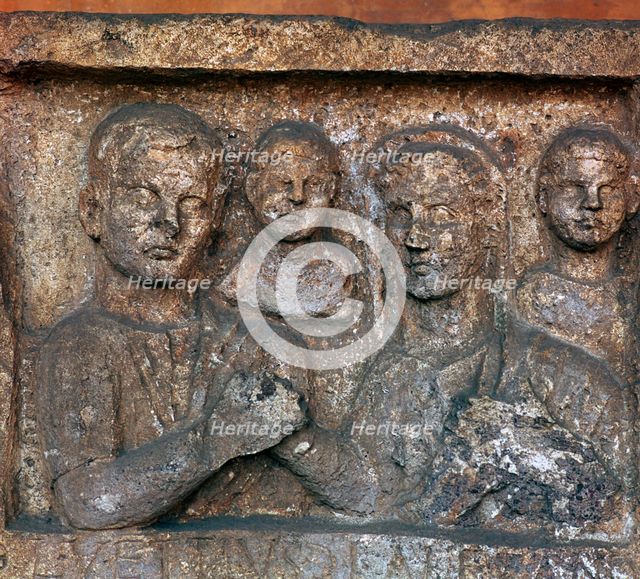 Roman grave-slab showing a family group. Artist: Unknown