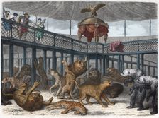 Roman dignitaries killing beasts in the amphitheater, engraving 1870