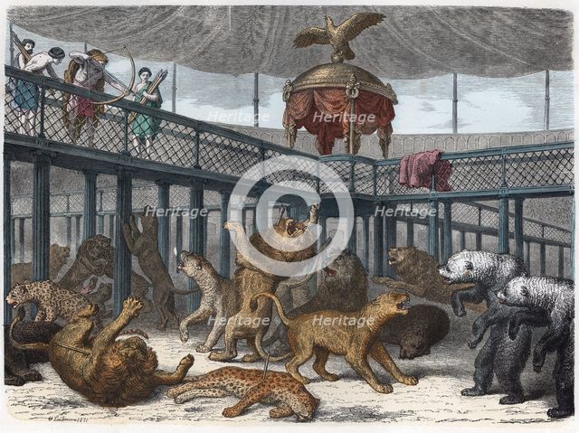 Roman dignitaries killing beasts in the amphitheater, engraving 1870.