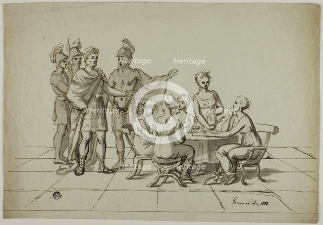 Roman Emperor Approaching Group of Women Seated at Table, 1819. Creator: Unknown.