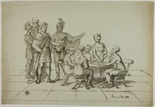 Roman Emperor Approaching Group of Women Seated at Table, 1819. Creator: Unknown