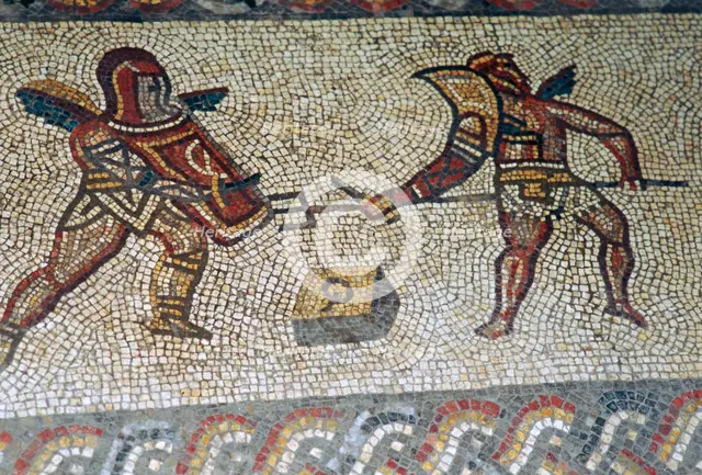 Roman floor mosaic of gladiators, c.3rd century. Artist: Unknown