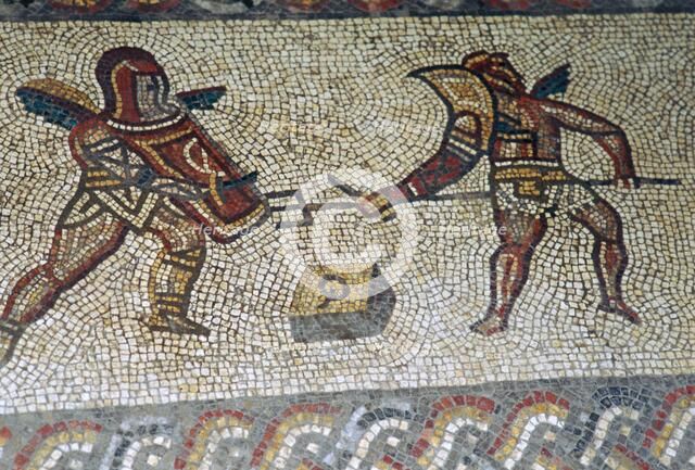 Roman floor mosaic of gladiators, c.3rd century. Artist: Unknown