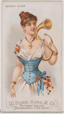 Roman Horn, from the Musical Instruments series (N82) for Duke brand cigarettes, 1888., 1888. Creator: Schumacher & Ettlinger