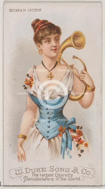 Roman Horn, from the Musical Instruments series (N82) for Duke brand cigarettes, 1888., 1888. Creator: Schumacher & Ettlinger.
