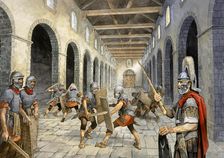 Roman infantry practising combat, c3rd century, (c1990-2010). Artist: Philip Corke