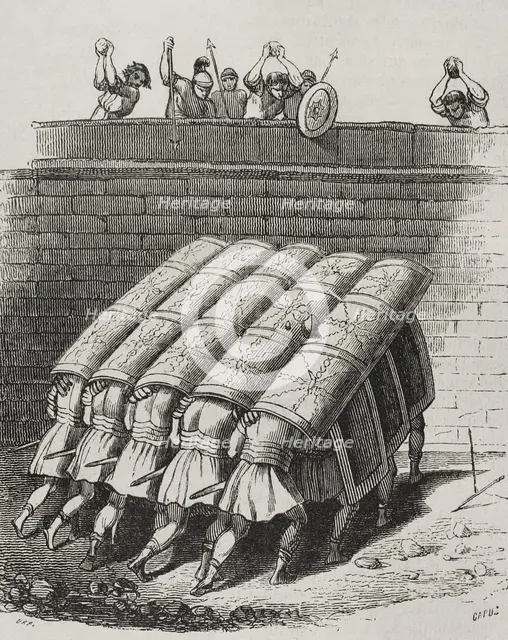 Roman legions in testudo or tortoise formation, 1852. Creator: Tomás Carlos Capuz.