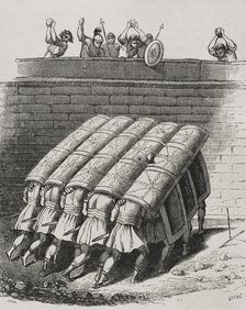Roman legions in testudo or tortoise formation, 1852. Creator: Tomás Carlos Capuz