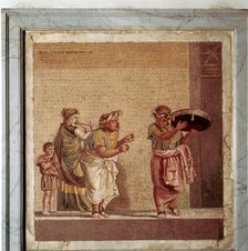 Roman mosaic of musicians and masked actors in a play, Pompeii, Italy. Creator: Dioscurides