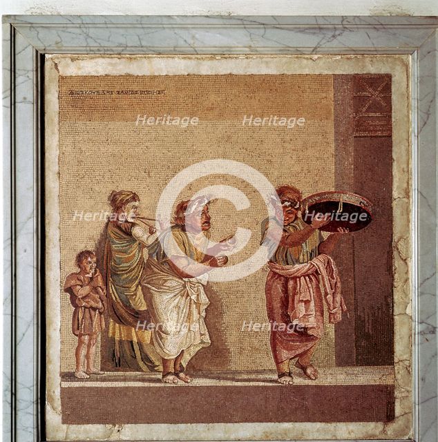 Roman mosaic of musicians and masked actors in a play, Pompeii, Italy. Creator: Dioscurides.
