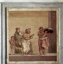 Roman mosaic of musicians and masked actors in a play, Pompeii, Italy. Creator: Dioscurides