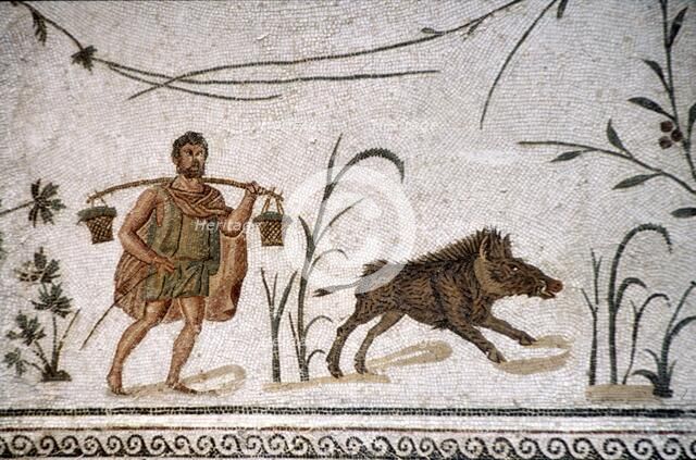 Roman Mosaic of Man and wild boar, c2nd-3rd century. Artist: Unknown.